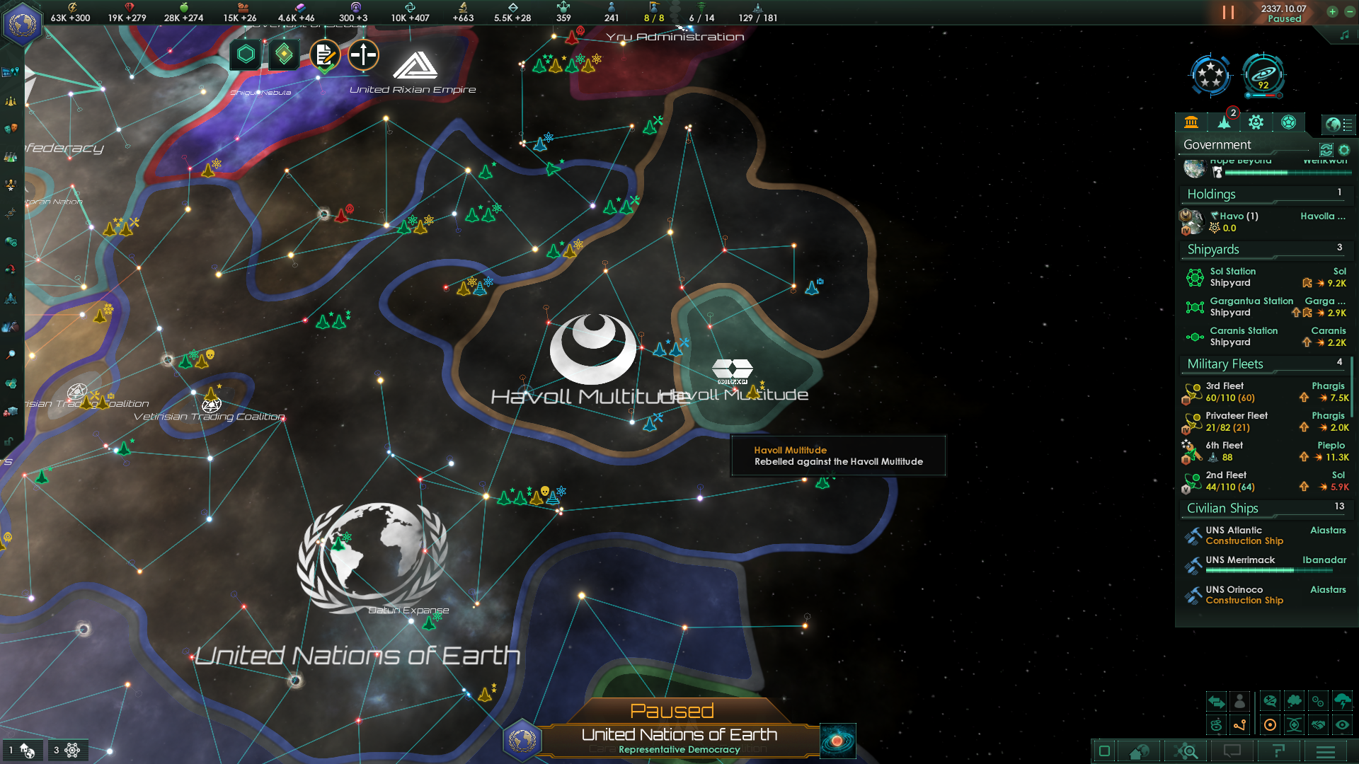 Screenshot of the video game Stellaris. An empire, "Havoll Multitude", borders another empire of the same name after having rebelled against them.