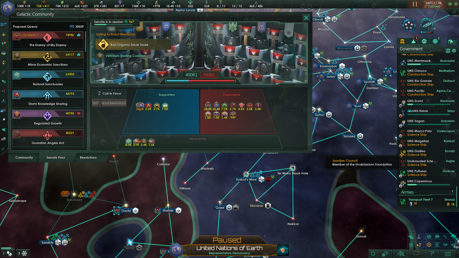 The "Ban Organic Slave Trade" resolution is being voted on the Senate Floor. My player empire and its vassals Support the resolution, 4 other empires Abstain, and a majority Oppose. The vote is 40061 to 79080.