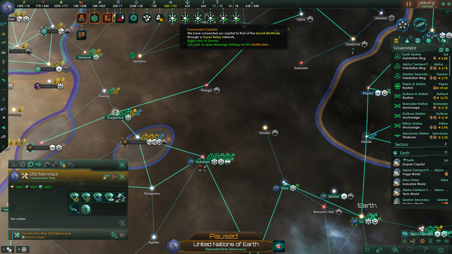 Screenshot on 2439.03.12 after connecting capitals with 6 empires via the Hyper Relay network