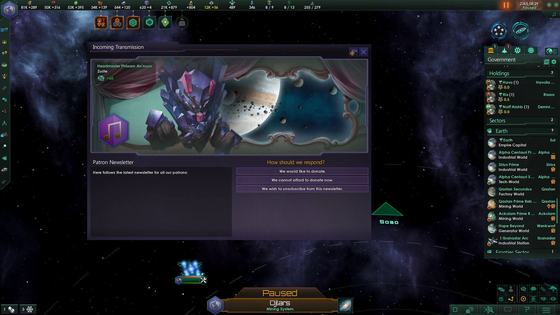 An Incoming Transmission in Stellaris saying, "Here follows the latest newsletter for all our patrons:"
