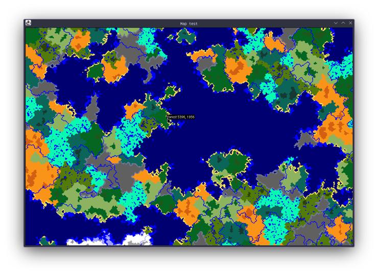A window named "Map test", showing off a top down view of the biomes that will generate. There is a cursor above a biome, which results in a label that says "Forest 5396, 1956", the former is the name of the biome, whilst the latter are X and Z coordinates to the biome.