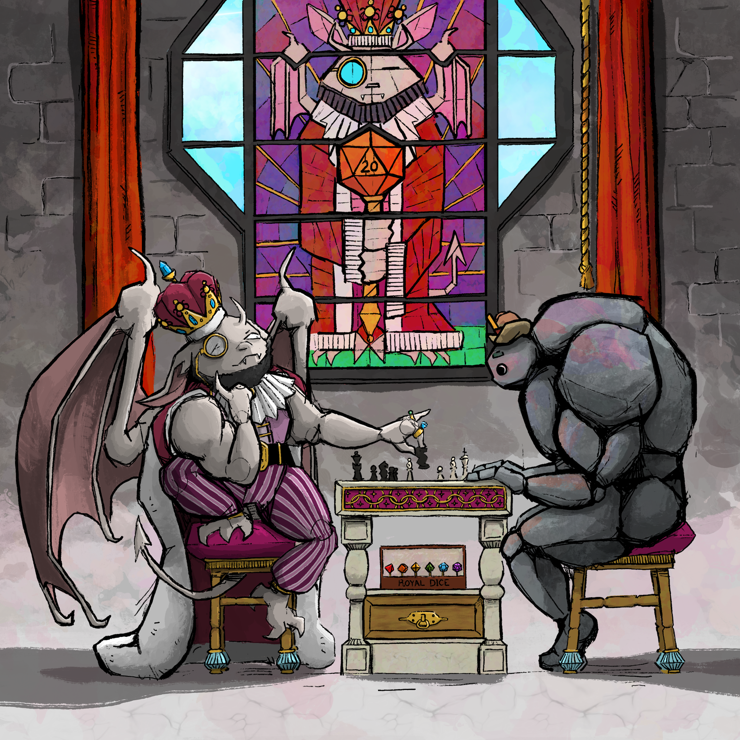 The Imperor is contemplating a move in a chess match against his pet rock, Rocco. There is a stained glass window of the Imperor in the background.