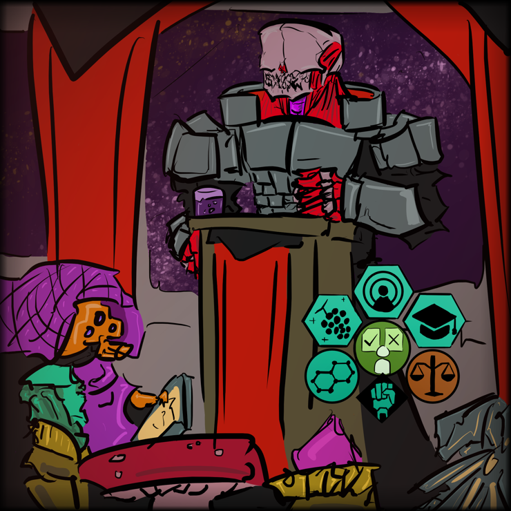 Here we see the Necroid High Director of the Kadavre'n Kollektive providing a speech to the Galactic Community as the Galactic Custodian, championing The Greater Good and Unchained Knowledge in the face of developing Crisis!