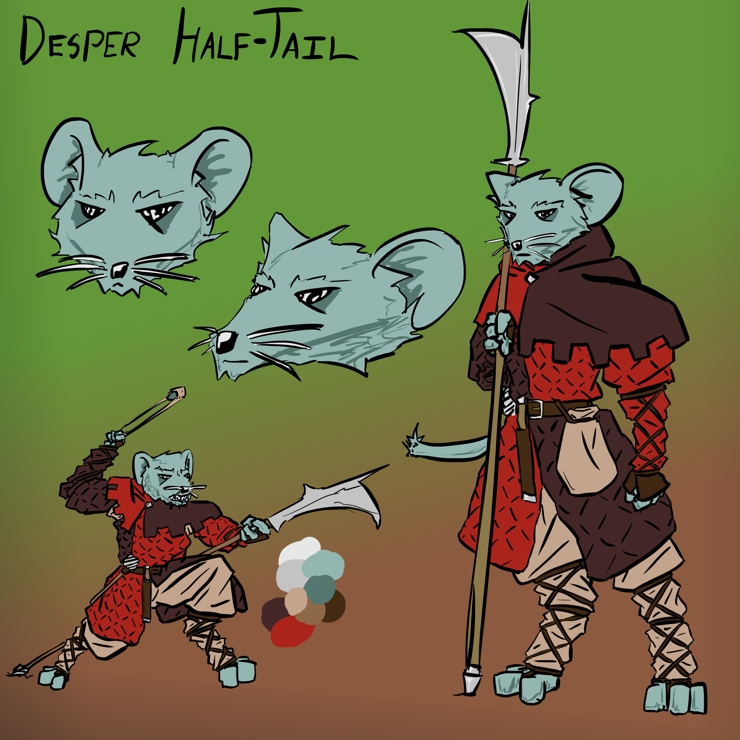 A tired medieval footman anthropomorphic mouse leans on a billhook, a western European polearm. Another pose has them poised to use a sling with a grimace.